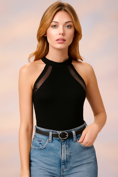 Chic Black Mesh Panel Halter Neck Top