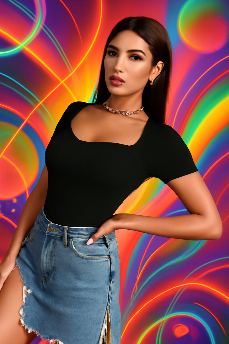 Square Neck Ribbed Cropped Top Short Sleeve DZ-2