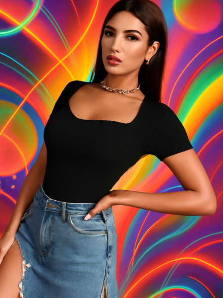 Square Neck Ribbed Cropped Top Short Sleeve DZ-2
