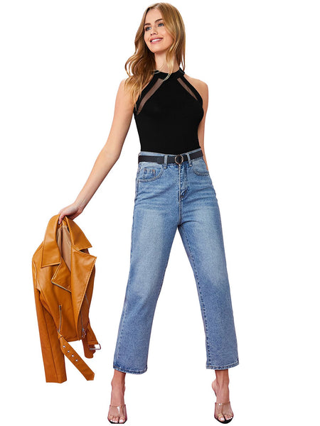 Chic Black Mesh Panel Halter Neck Top DNK