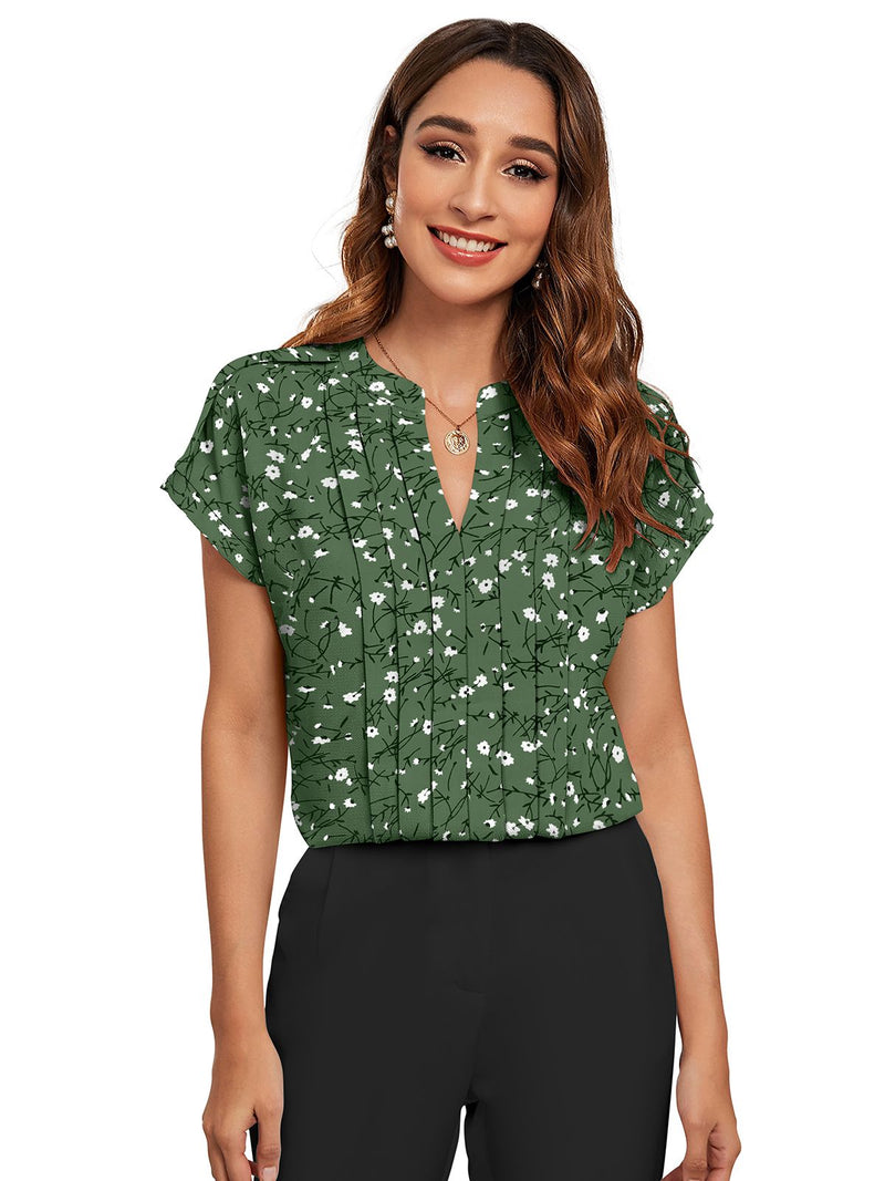 Floral Pleated V-Neck TOP DNK