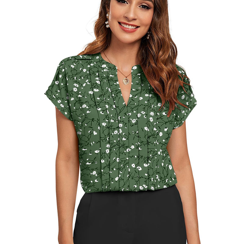 Floral Pleated V-Neck TOP DNK
