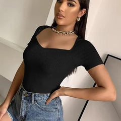 Square Neck Ribbed Cropped Top Short Sleeve DZ-2
