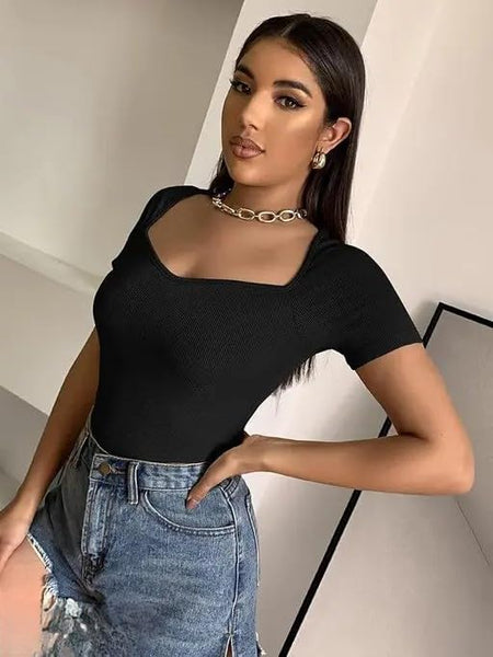 Square Neck Ribbed Cropped Top Short Sleeve