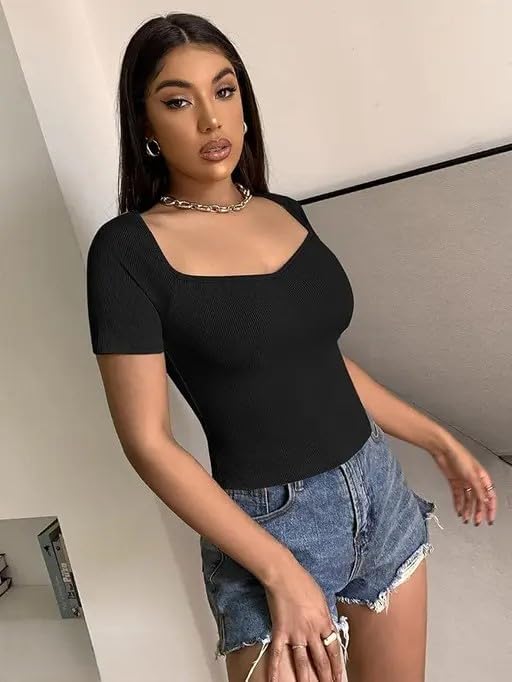 Square Neck Ribbed Cropped Top Short Sleeve DZ-2