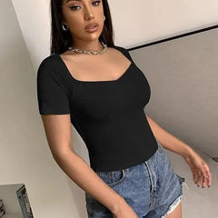 Square Neck Ribbed Cropped Top Short Sleeve DZ-2