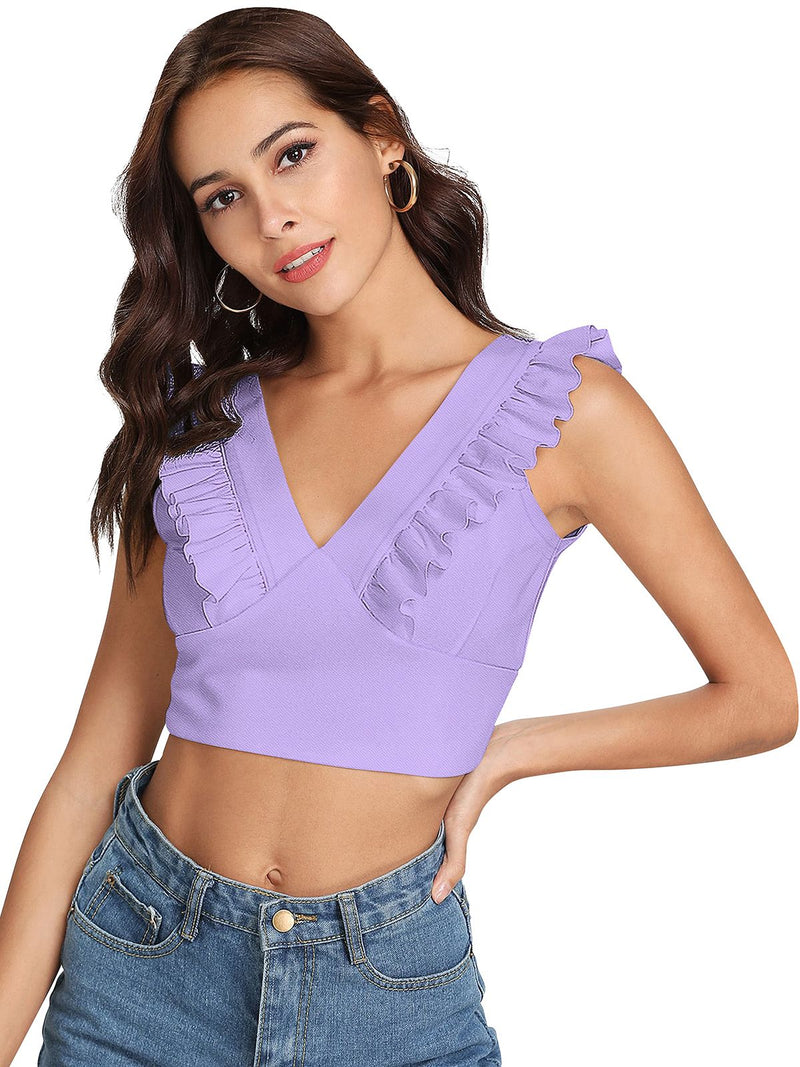 White Ruffled V-Neck Cropped Top DNK