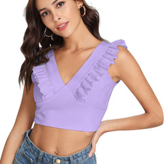 White Ruffled V-Neck Cropped Top DNK