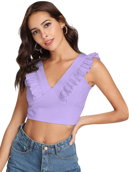 White Ruffled V-Neck Cropped Top