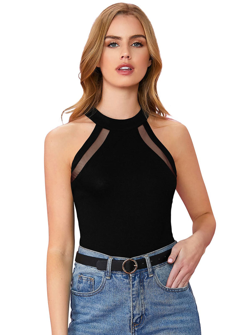 Chic Black Mesh Panel Halter Neck Top DNK