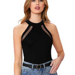 Chic Black Mesh Panel Halter Neck Top DNK