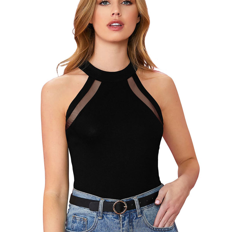 Chic Black Mesh Panel Halter Neck Top DNK
